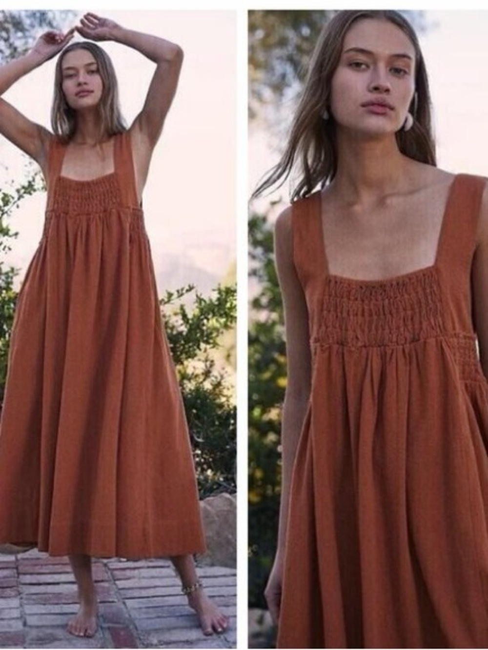 Free People Delphine Midi Dress Endless Summer Rust Smocked Square Neck Size S